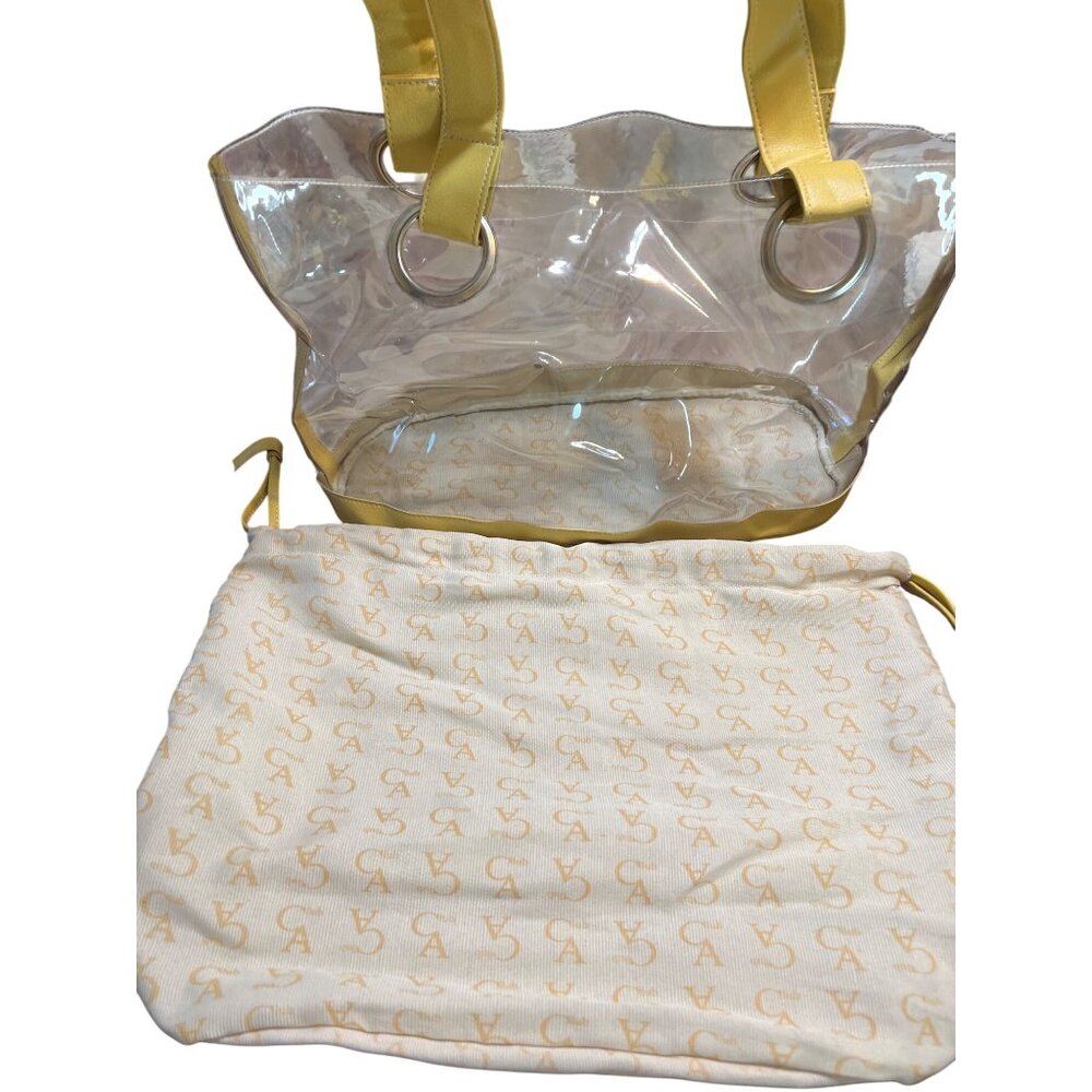 Club A Clear Tote Bag Yellow Faux Leather Dust Bag Footed 15.5" x 10" x 7"